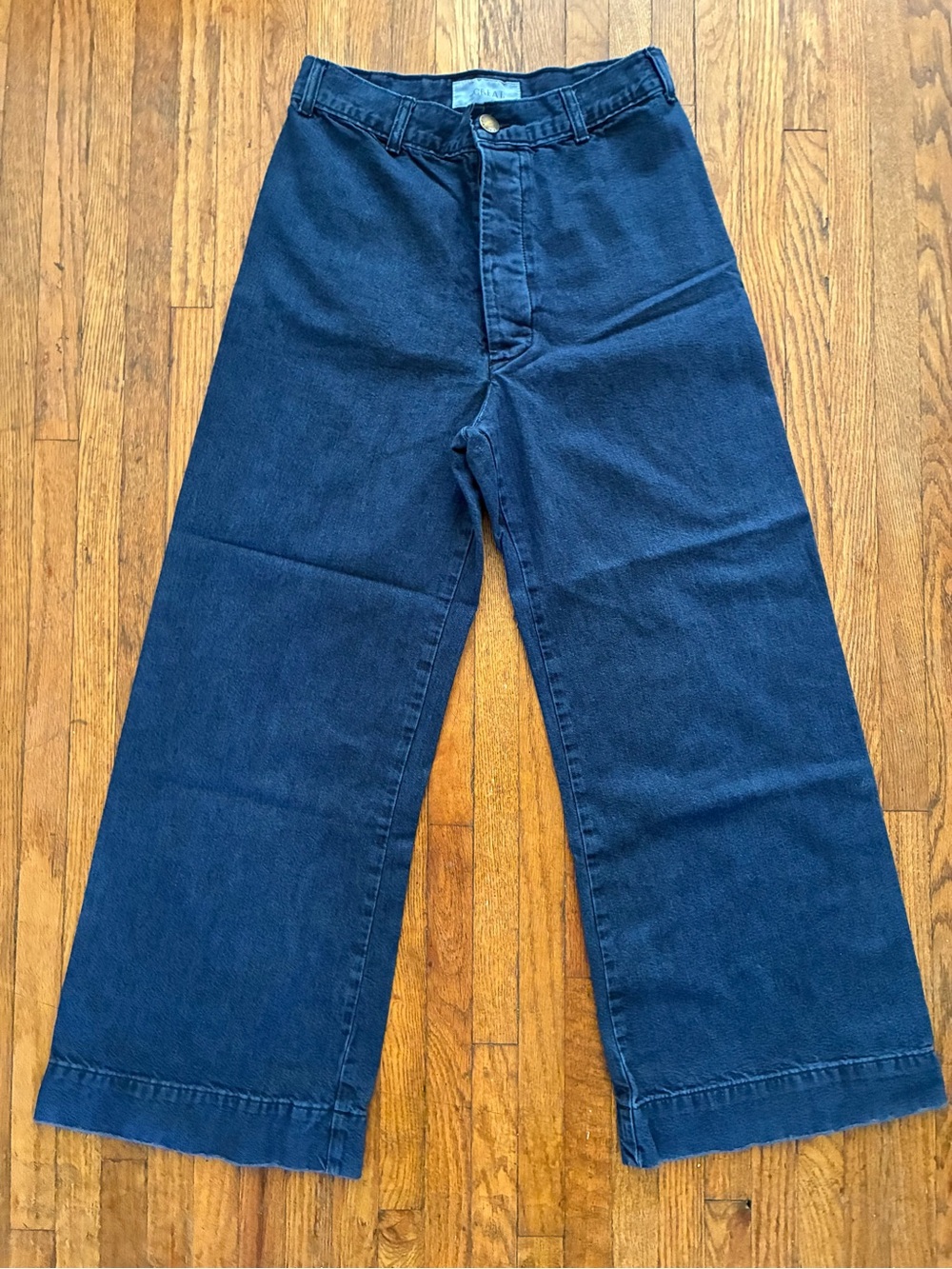 THE GREAT. The Seafair Wide Leg High Rise Button Up Blue Jeans
